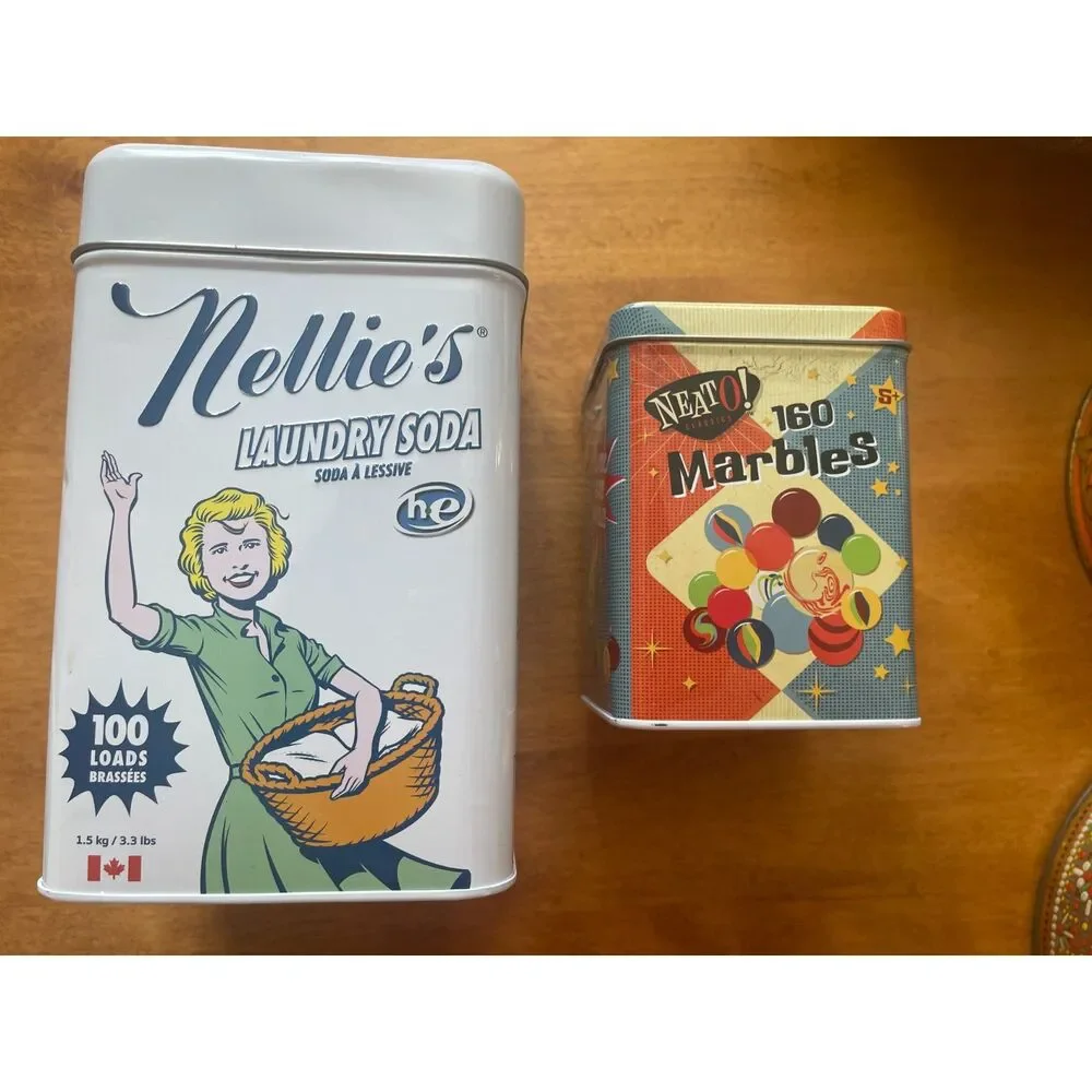 Lot of 2 Tins Nellie's Laundry Detergent & Neto Marbles ~Storage Advertising